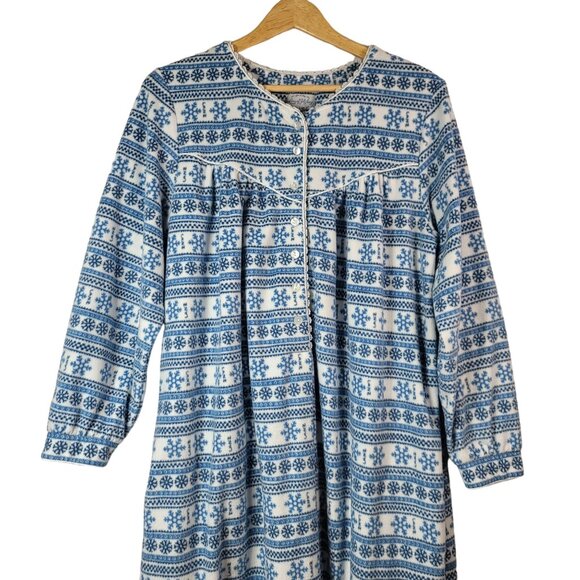 Lanz of Salzburg Fleece Robe Nightgown Blue Medium Pockets Snowflake Modest READ - Picture 2 of 10